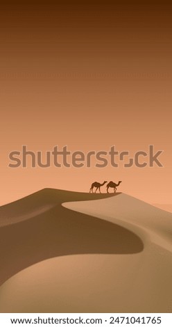 Sand dunes and camels. Vector illustration. Sketch for creativity.