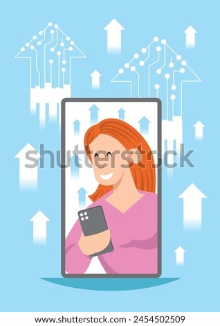Mobile phone with image of a lady smiling while holding a phone in her hand, with arrows going up and blue background