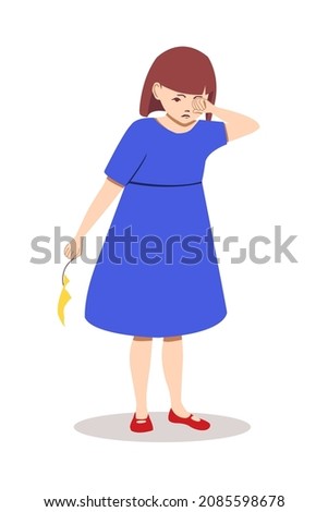 Little cute girl in blue dress is crying because balloon burst in flat vector