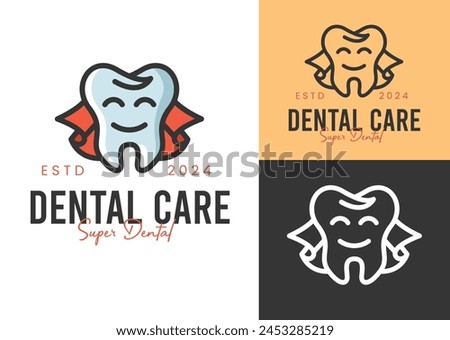 super dentist with cape for dental clinic logo vector illustration design, tooth wearing cape while smile icon symbol