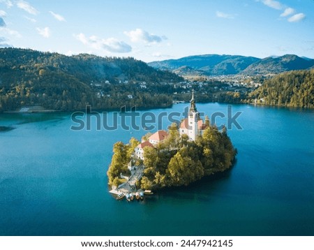 Similar – Image, Stock Photo Aerial view of Bled island on lake Bled, and Bled castle and mountains in background, Slovenia.