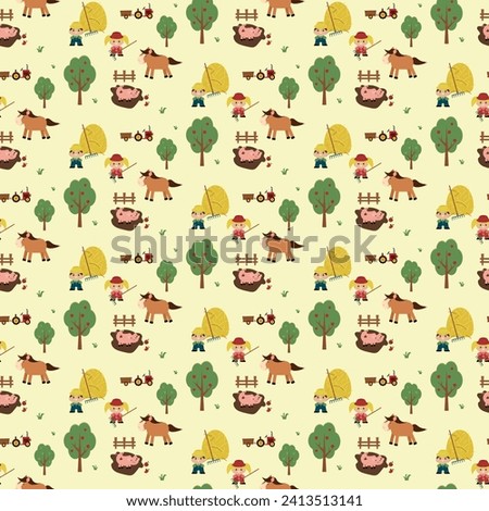 Pattern of happy children on a farm with a pig playing in a mud puddle. Horse . The tractor is ready to pick up the sentry that the children have collected. Bed linen for children.