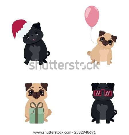 Set of cute pugs. Happy holidays. New Year cards.