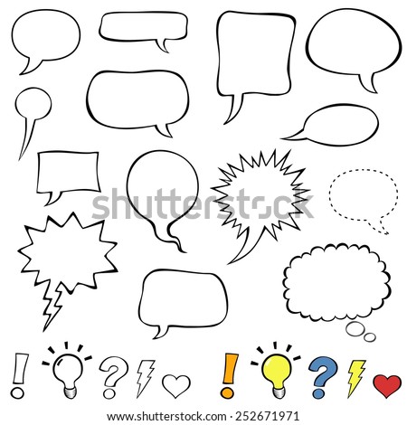 Comics style speech bubbles. Collection set of cute speech balloon doodles plus some punctuation marks, symbols, and bubbles. Vector illustration.  