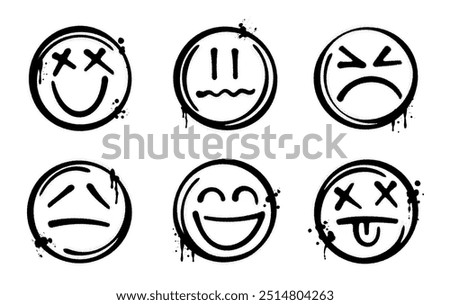 Set of graffiti spray paint emojis. Grunge and dirty emoticon design elements for banners, flyer, cards, poster, collages and ads.