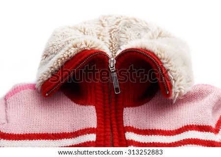 Wool knit sweater with turtleneck zipper closeup on white background