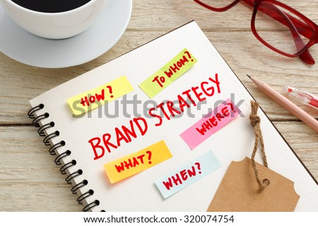 Brand marketing strategy concept with notebook, brand tag and coffee cup on office desk