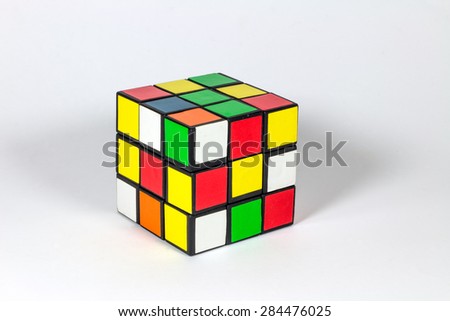 Barcelona, Spain. 04 June 2015. Rubik\'s cube on the white background. Rubik\'s Cube on a white background. Rubik\'s Cube invented by a Hungarian architect Erno Rubik in 1974.