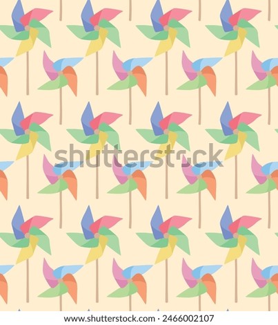 Vector seamless pattern with cute colorful pinwheels. Background with paper windmill in flat style.	