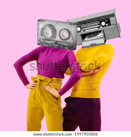 Party, music time. Contemporary art collage. Magazine style. Composition with young girl and man headed of retro tape cassette and recorder on pink background.
