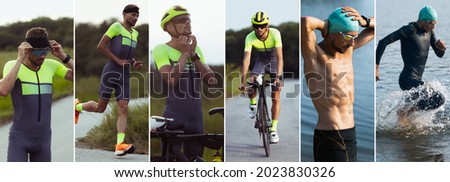 Professional triathlete cycling, running, swimming outdoors on bright summer day. Concept of healthy lifestyle, sport, motion, activity. Lifestyle collage Foto stock © 