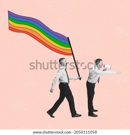 LGBT support. People equality. Contemporary art collage of male holding lgbt flag isolated over pink background. Pressing worldwide issues. Concept of equality, lgbt, support, love, relationship, ad