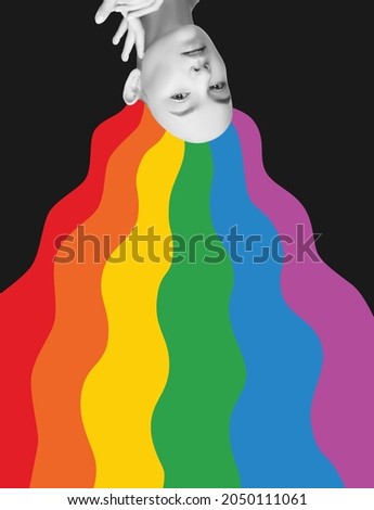 LGBT support. People equality. Creative artwork female head with lgbt flag colors hair over black background. Pressing worldwide issues. Concept of equality, lgbt, support, love, relationship, ad