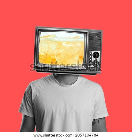 Beer party, festial. Contemporary art collage of male with TV instead head isolated over red background. Beer translation. Concept of party, festival, leisure time, Oktoberfest. Copy space for ad Foto stock © 
