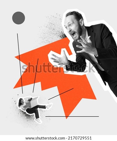 Contemporary art collage. Conceptual image. Businessman shouting at falling woman, firing employee. Professional pressure. Concept of business, control, stress, pressure, emotions and unemployment Сток-фото © 