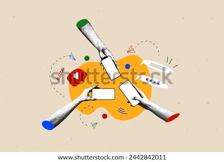 Contemporary art collage. Vector illustration. Hands in drawn art style holding smartphones with blank screen. Communication in distance. Concept of social media, connection, modern lifestyle and ad