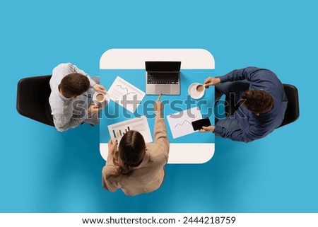 Similar – Image, Stock Photo top view of professional architect woman in construction site working on mobile phone and blueprints