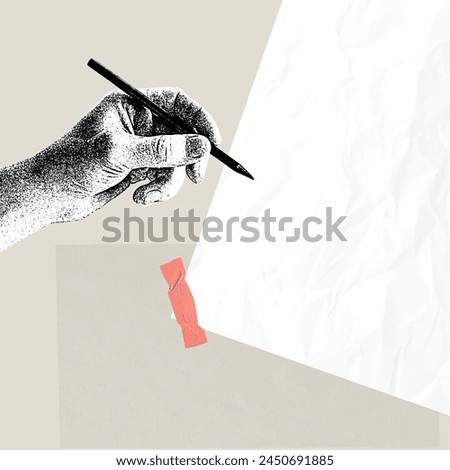 Vector illustration. Contemporary art collage. Male hand with pencil and blank paper. Creation of story. Making notes and sketches. Concept of art, creativity, imagination, fantasy expression, talent