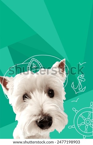 Contemporary artwork. Vector illustration. Small, white Maltese terrier dog wearing captain's hat. Vibrant color scheme. Concept of pets, holidays, positive emotions, companion, rest, summer vacation.