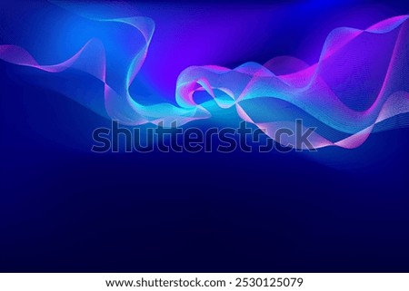 Vector illustration. Gentle, undulating waves in neon blue create soft yet futuristic abstract landscape, ideal for tech-related content and backgrounds. Concept of neon abstract, tech flow, futurism