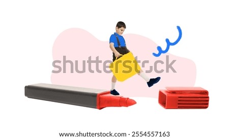 Similar – Image, Stock Photo Little boy walking across meadow, father in the background