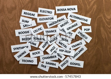 Words on paper scraps about music styles and genres