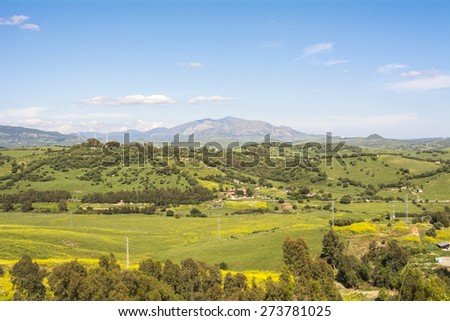 Natural landscape, valley, blue sky, green fields, spring