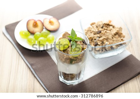 Cereals products on a table with fruit, mint