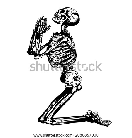 Praying skeleton vector. human skeleton isolated on white background. pray skull tattoo. skull praying for forgiveness