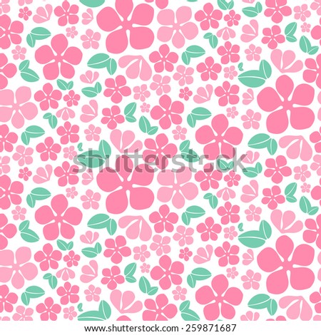 Seamless pattern with cute flowers, pink flowers on white background, vector illustration