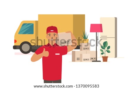 Moving House. Delivery man with cardboard boxes. Moving truck and cardboard boxes. Transport company flat vector concept