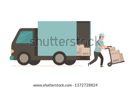 Courier provides free delivery of goods or postal parcels to the address. Man with cardboard boxes. Vector illustration in flat style. Delivery service van