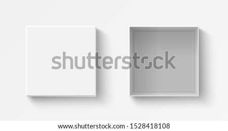 White square box top view. Open and close gift boxes. Container mockup. Realistic paper shoebox. Empty carton package. Vector present wrap.