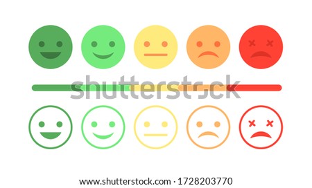 Survey rating satisfaction. Happy mood customer. Sad face feedback scale. Vector flat smiley set. Negative positive vote
