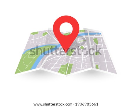 Folded city map with pin. Paper 3D location place icon. Vector gps navigation concept