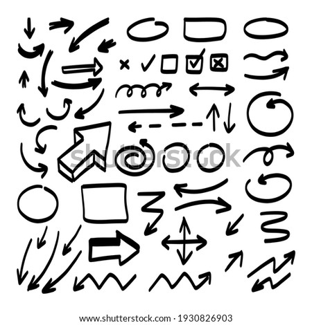 Doodle shapes. Arrows sketch elements. Vector cartoon frames. Hand drawn set of icons and frames.