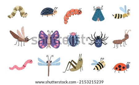 Cute bugs and insects. Cartoon ant bee spider moscito butterfly characters. Vector insect collection