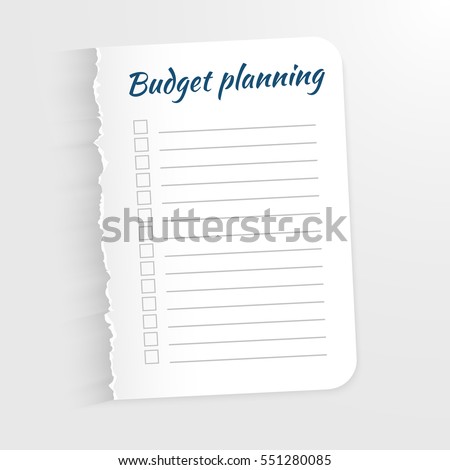 White sheet with inscription Budget Planning. Leaf with a ragged edge to record the completed tasks. Vector illustration. Isolated on light background. Marked task list.