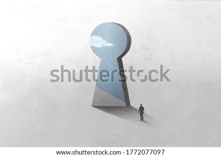 illustration of key hole shape door, optical illusion surreal concept
