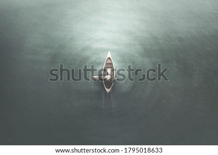illustration of aerial view of man paddling on a canoe in the water, minimal summer sport concept
