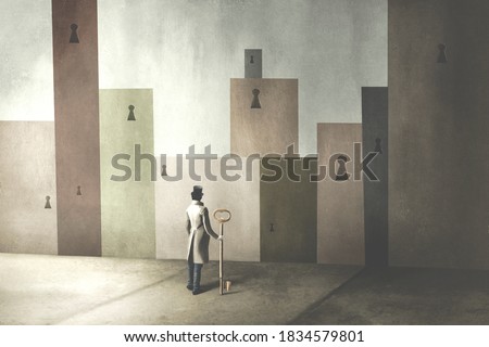 illustration of man holding big key in front of many locked doors, surreal solution abstract concept