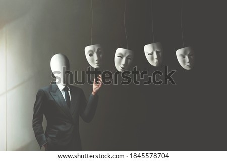illustration of businessman without face choosing the right mask to wear, surreal identity concept