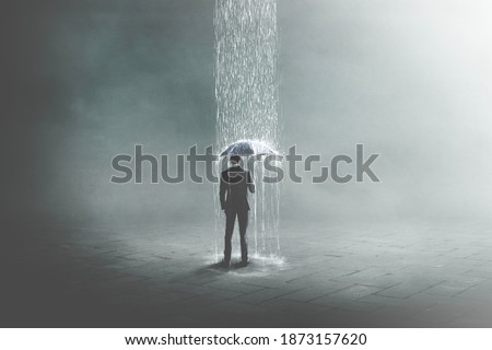 3D Illustration of unlucky business man under rain, surreal concept