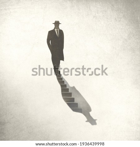 illustration of man getting down into his shadow, surreal concept