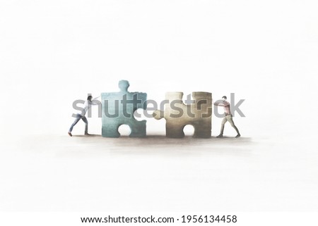 illustration of business men playing in teamwork with puzzle, cooperation concept