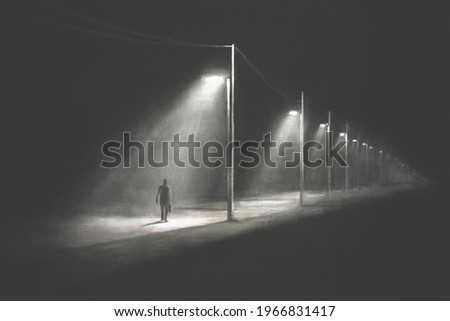 Illustration of mysterious lonely man walking alone in the dark, surreal abstract concept