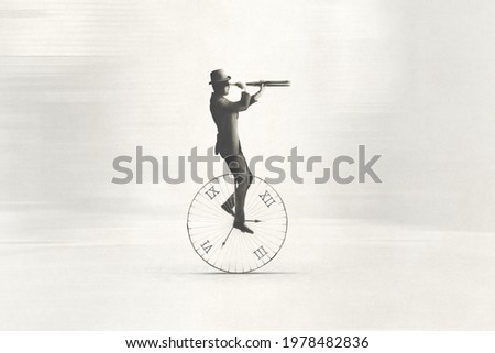 illustration of hurry classic businessman riding an antique clock to get on time to work, time and space concept