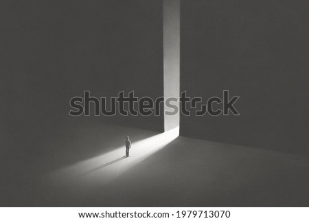 illustration of man entering in an open light door, surreal abstract concept