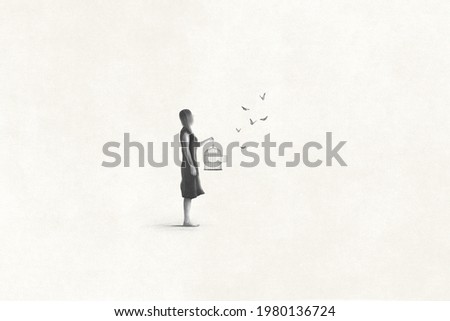 Illustration of woman setting free butterfly, freedom surreal abstract concept