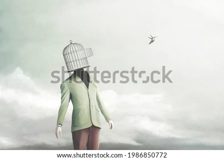 Illustration of open minded person meditating, surreal abstract concept